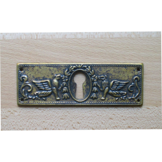 Schlüsselschild waagerecht aus Messing Jugendstil patiniert, 97x33 mm